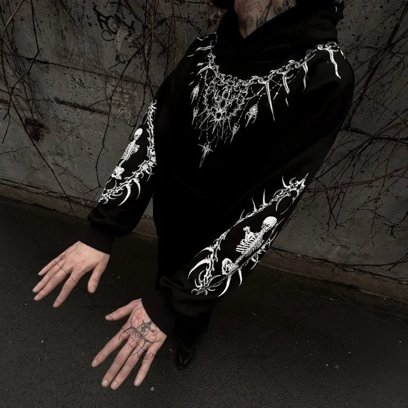 New Harajuku Gothic Punk Graphic Hoodie Men High Street Trendy Brand Y2K Streetwear American Retro Hip-hop Oversized Sweatshirt