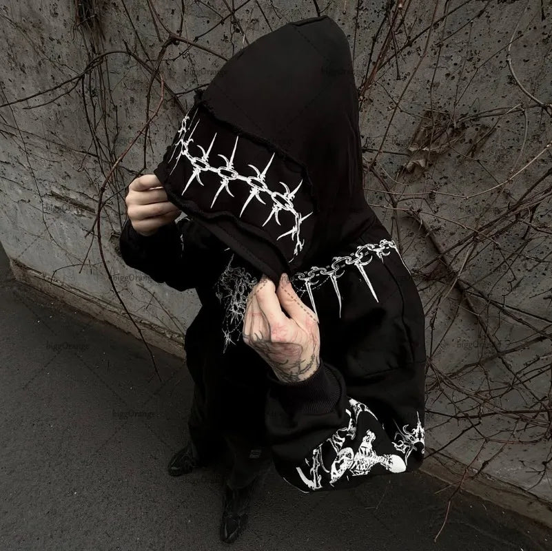 New Harajuku Gothic Punk Graphic Hoodie Men High Street Trendy Brand Y2K Streetwear American Retro Hip-hop Oversized Sweatshirt