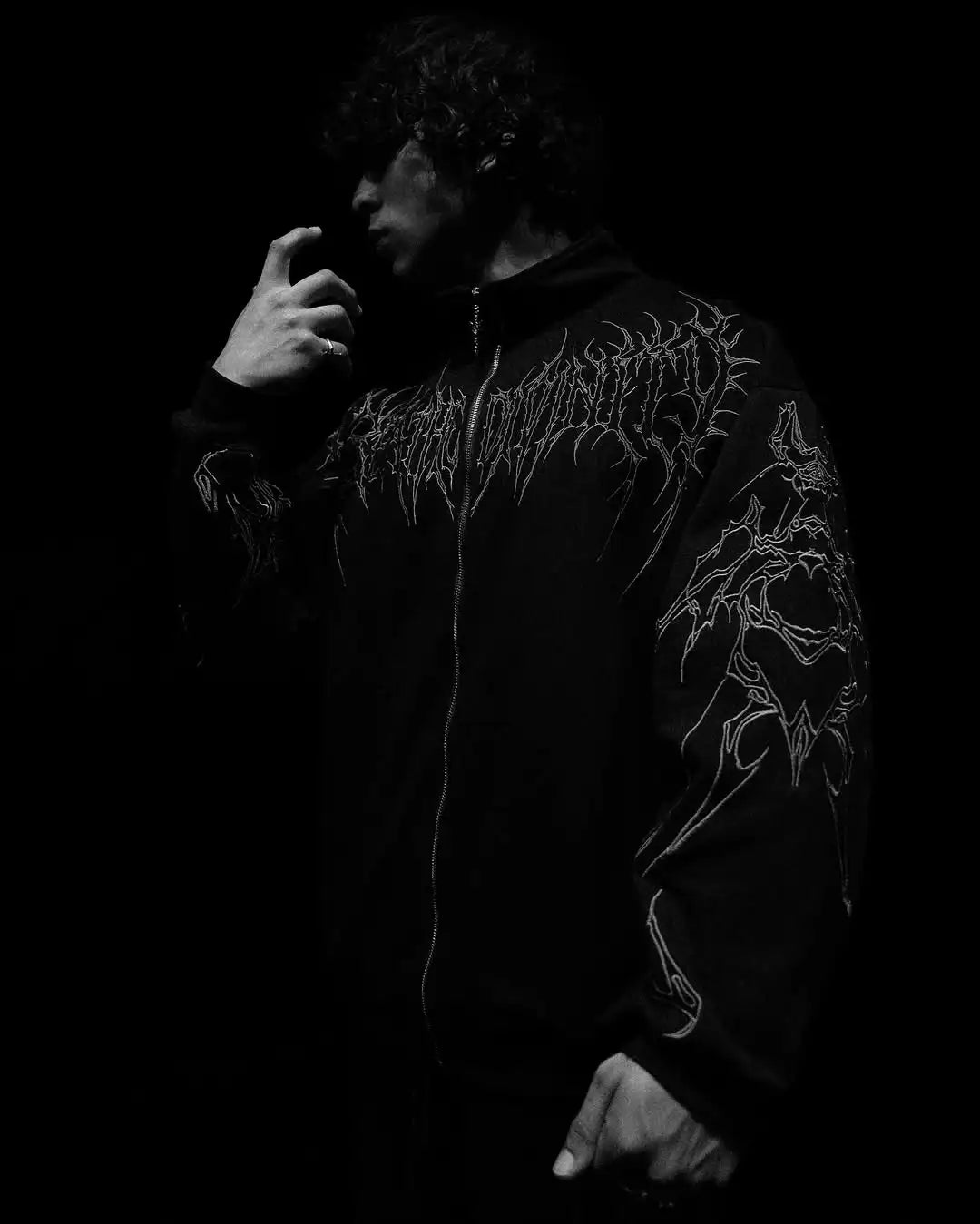 Men's Gothic Streetwear Zip-Up Hoodie Black Edgy Urban Athletic Dark Style Casual Oversized Pullover Sweatshirt with Zipper