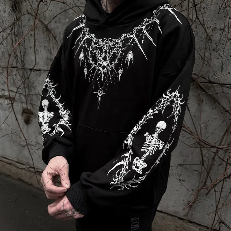 New Harajuku Gothic Punk Graphic Hoodie Men High Street Trendy Brand Y2K Streetwear American Retro Hip-hop Oversized Sweatshirt