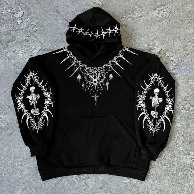 New Harajuku Gothic Punk Graphic Hoodie Men High Street Trendy Brand Y2K Streetwear American Retro Hip-hop Oversized Sweatshirt