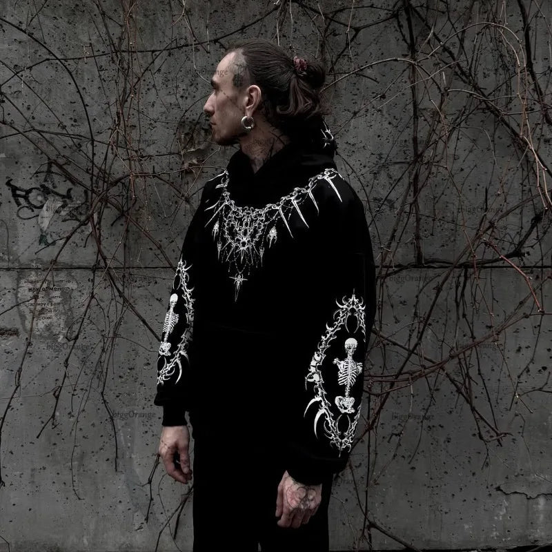 New Harajuku Gothic Punk Graphic Hoodie Men High Street Trendy Brand Y2K Streetwear American Retro Hip-hop Oversized Sweatshirt